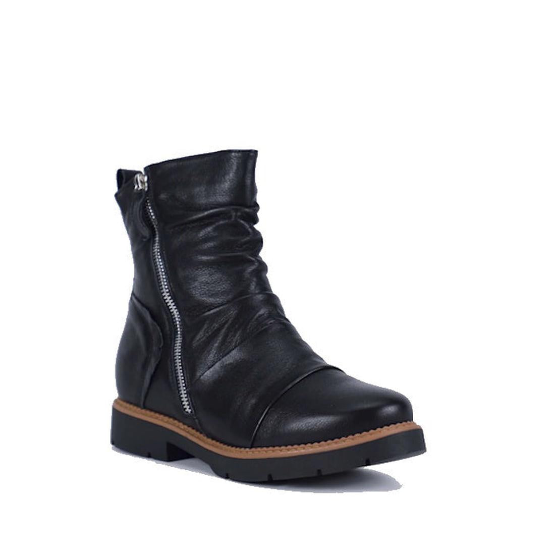 Bay Lane Calista Black Leather Zip Boot—an ankle boot with easy side zip, comfy low heel, brown sole, and great for orthotics. ksnz