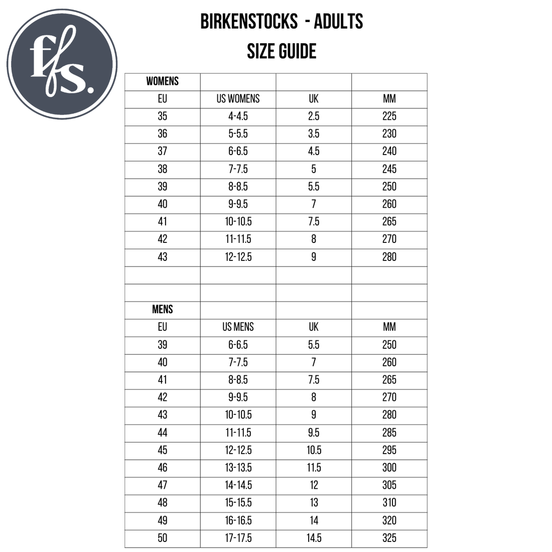 A Birkenstocks size guide chart for adults features the Birkenstock Ramses Birkibuc Stone Regular Width thong sandal, showing EU, US, UK, and MM sizes for women (EU 35–43) and men (EU 39–50). ffs. logo is at the top left., 4013871921929, 4013871921936, 35