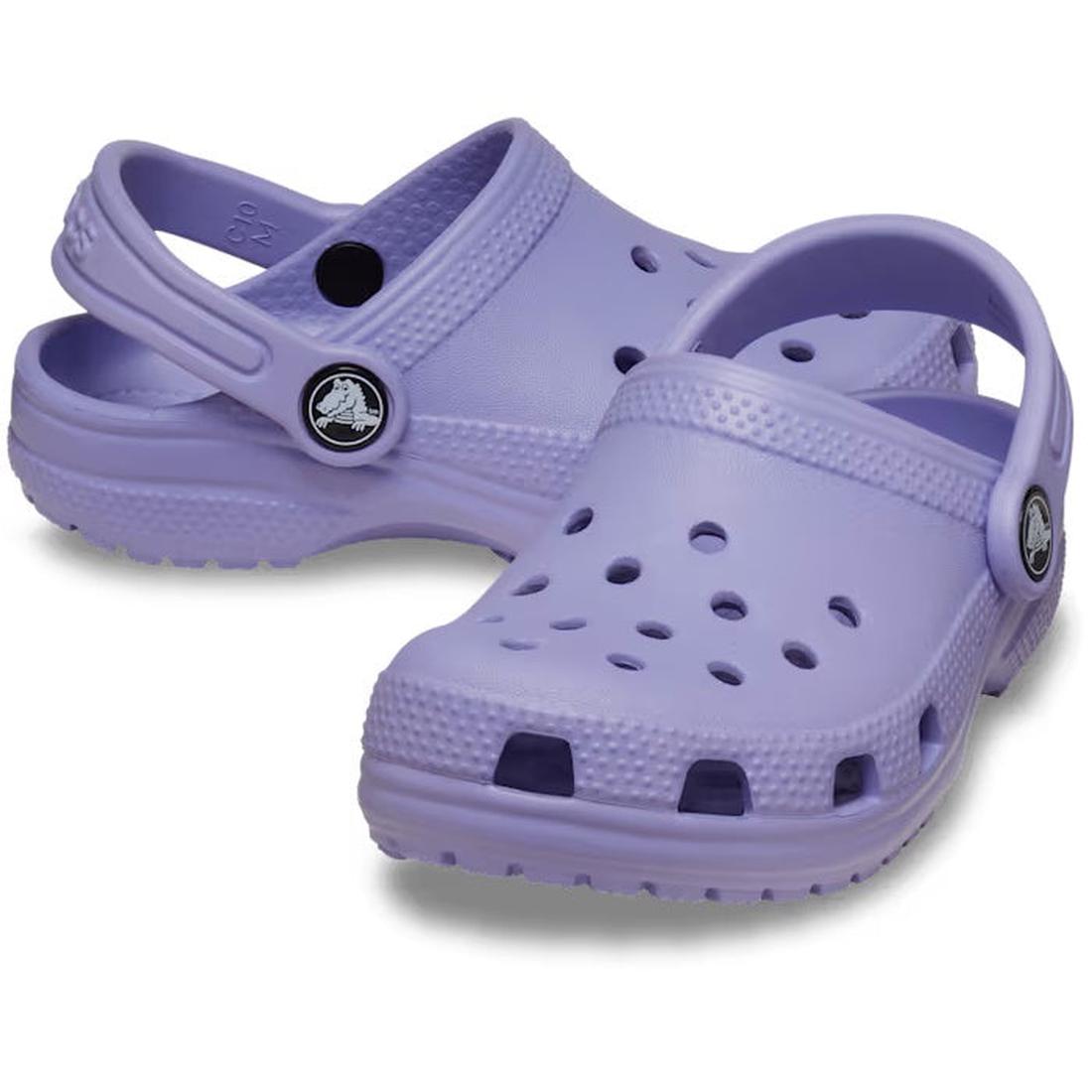 Crocs Toddlers Classic Clog in Mystic Purple—lightweight, comfy clogs with slip-resistant sole and secure adjustable heel strap. ksnz
