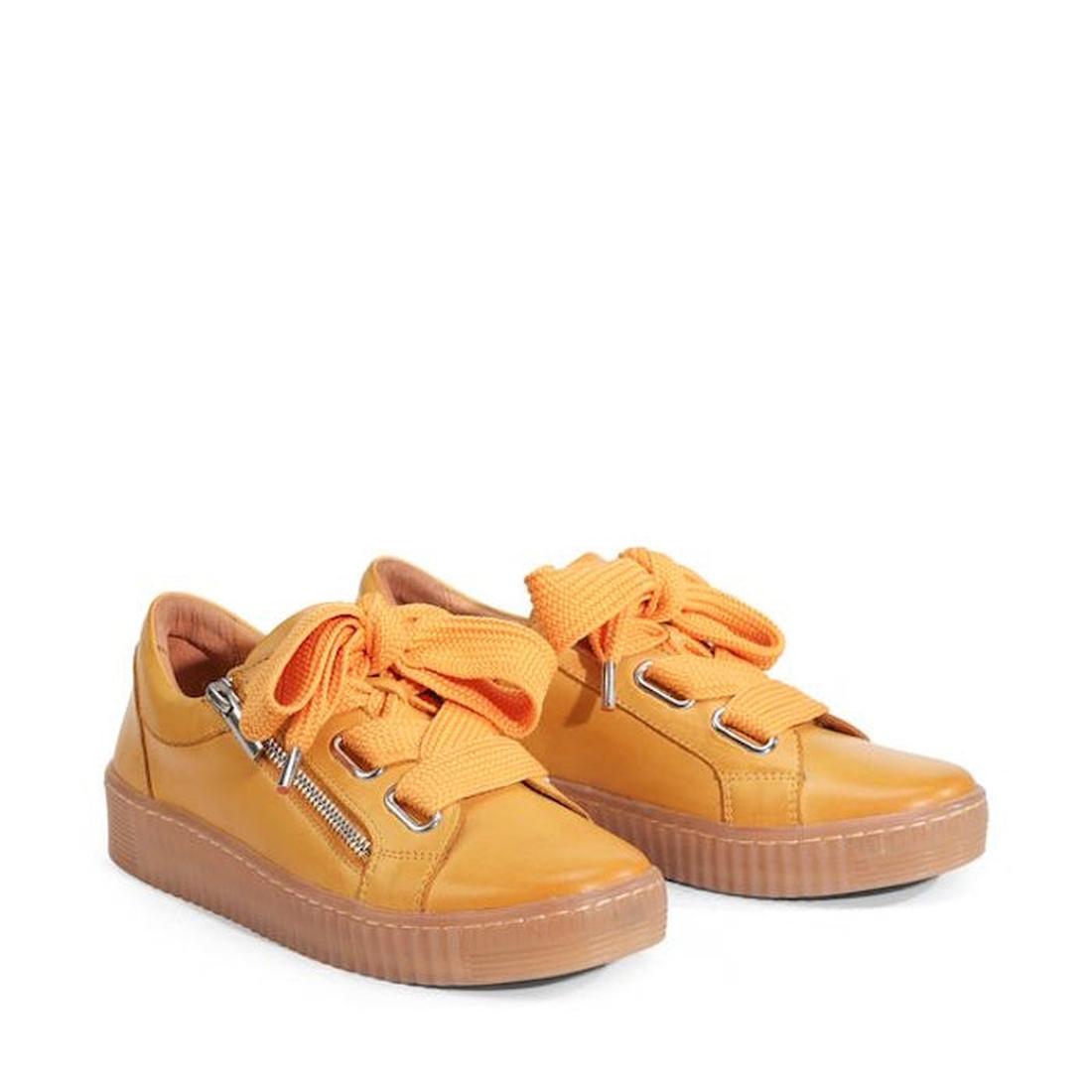 EOS Jovi Sunflower Yellow trainers for kids, with fun orange laces, easy side zipper, and sturdy rubber soles on soft leather. ksnz, 47214, 9321191308760, 9321191308777, 9321191308784, 9321191308791, 9321191308807, 47220