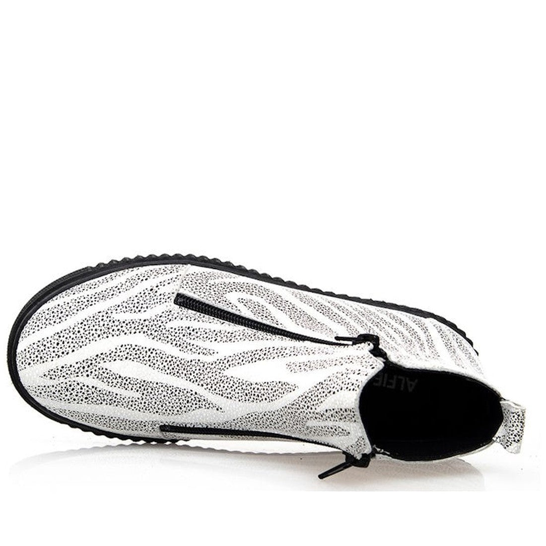 Alfie & Evie Womens Davith Zebra Leather Ankle Boot in black with playful zebra stripes, comfy black sole, and easy front zipper. ksnz, 9353738178338, 9353738178345, 9353738178352, 9353738178369, 9353738178376