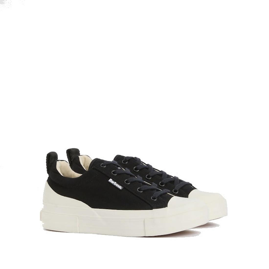 Barbour Womens Stanhope Canvas Trainer Black—classic black sneakers with sturdy white soles, toe caps, and easy black lace closure. ksnz