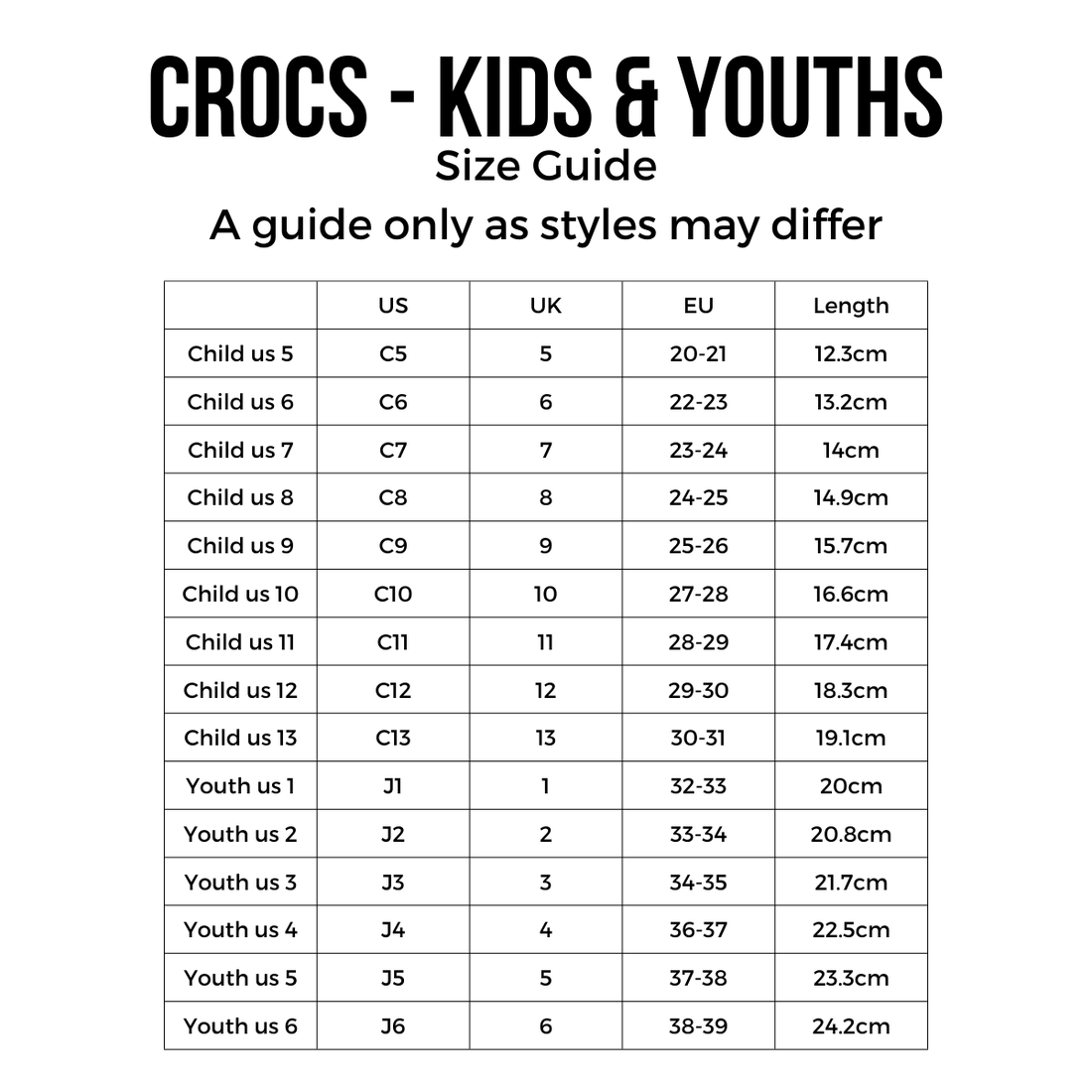 A Crocs size guide for kids and youths with US, UK, EU sizes and foot lengths in cm—ideal for choosing the perfect fit for Crocs Kids Toddlers Crocband Clogs Blue Frost/Guava. See “CROCS - KIDS & YOUTHS Size Guide” for details., 49786, 49782, 49783, 49784