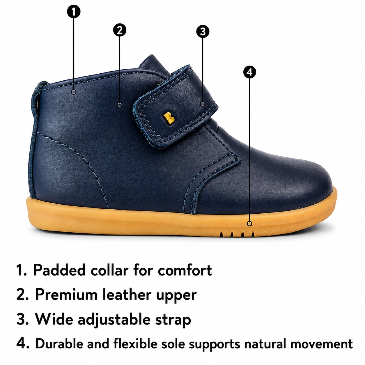 Bobux Step Up Desert Ankle Boot Midnight Blue—soft leather boot for first walkers with comfy padded collar, tan sole, wide velcro straps. ksnz