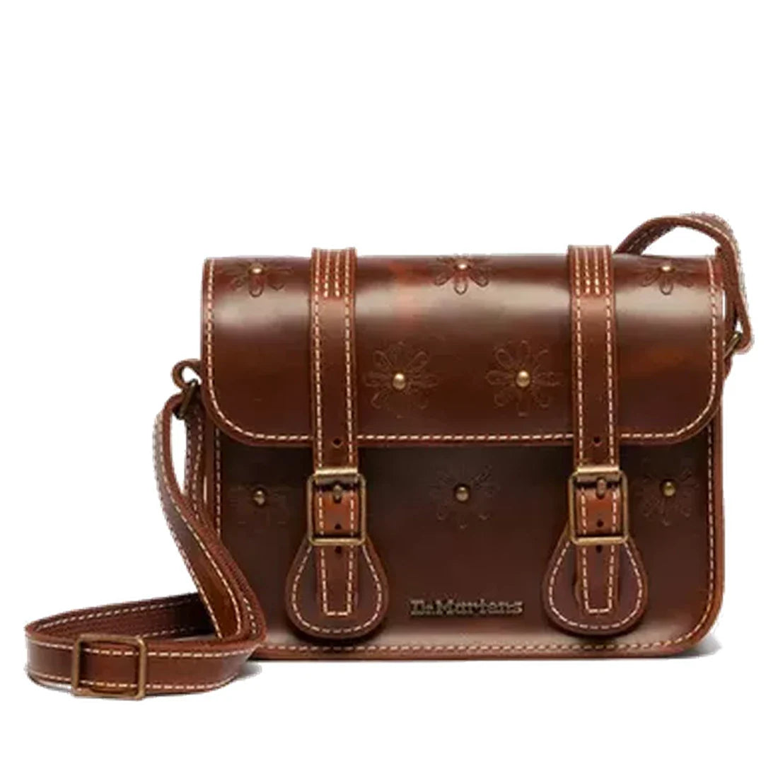 The Dr Martens Leather Cross Body Amber Tan Satchel (7 inch) is a cozy brown bag with floral details, easy buckles, and sturdy stitching. ksnz, 190665799613