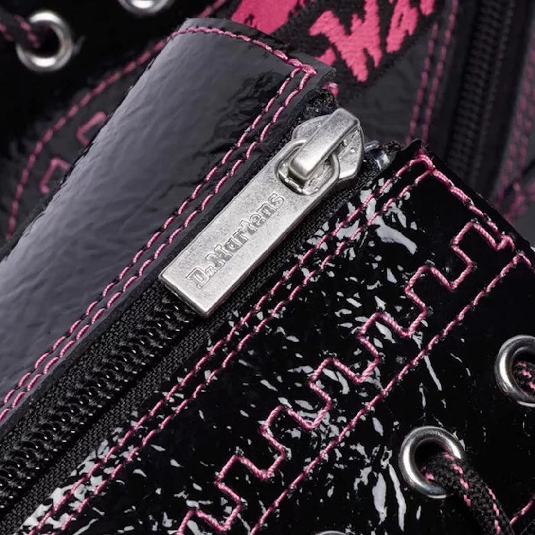 Dr Martens Jadon TP Distressed Patent Boot in Black Purple, a sturdy lace-up boot with pink stitching and chunky platform sole. ksnz, 190665775334, 190665775341, 190665775358, 190665775372, 190665775389, 190665775396