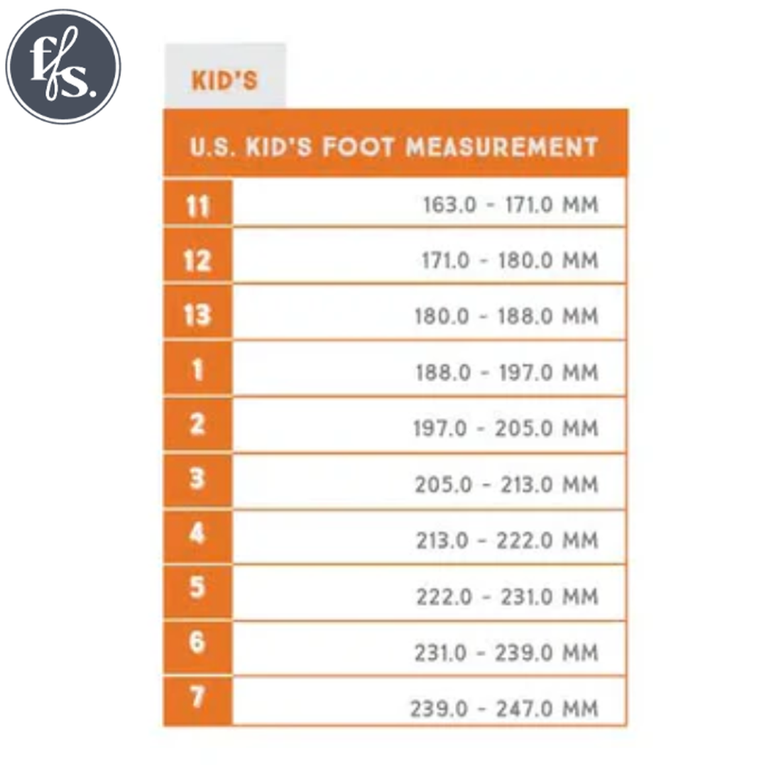 Helpful chart showing US kids’ shoe sizes 11–7 and foot lengths for the Northside Frosty Insulated Black boot: rugged sole, easy hook-and-loop strap, orange-white backdrop, fs. logo at top left. ksnz