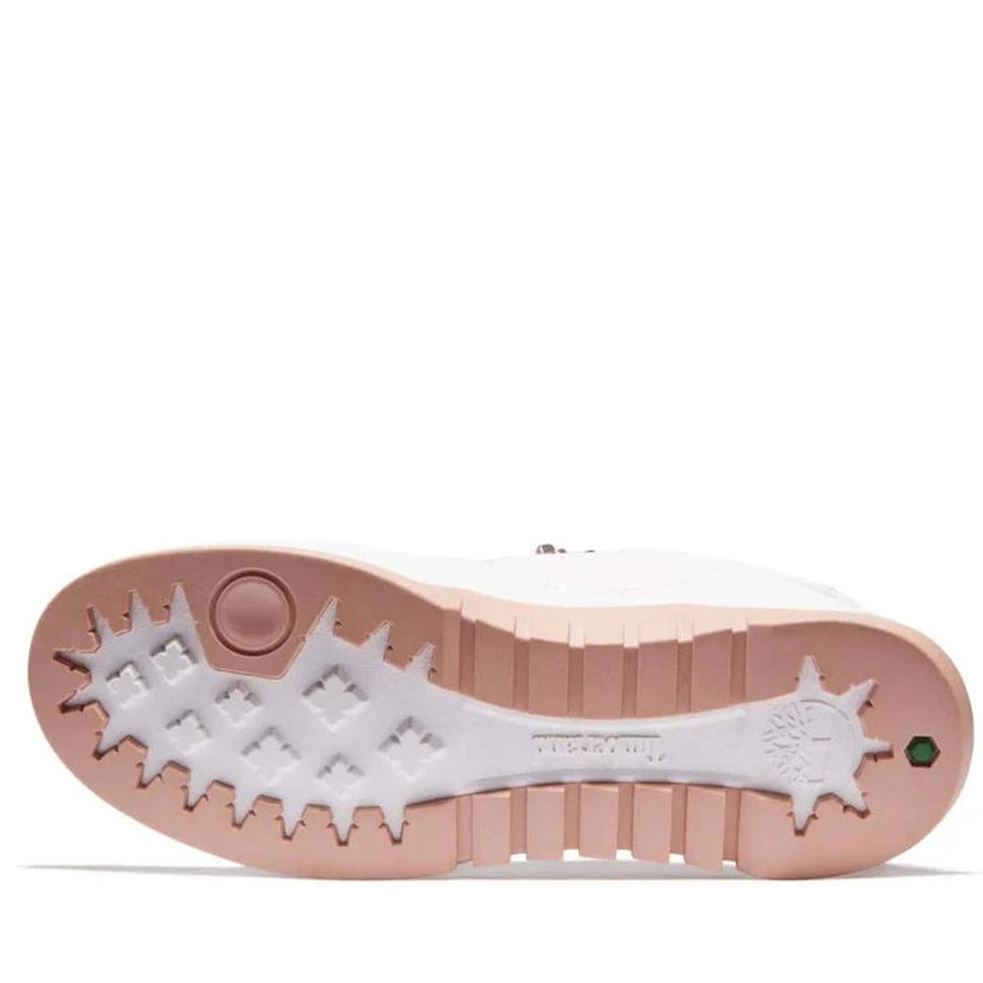 Timberland Womens Fabric Supaway Oxford White sneaker has a sturdy, grippy sole with deep tread, light pink accents, and lace closure. ksnz