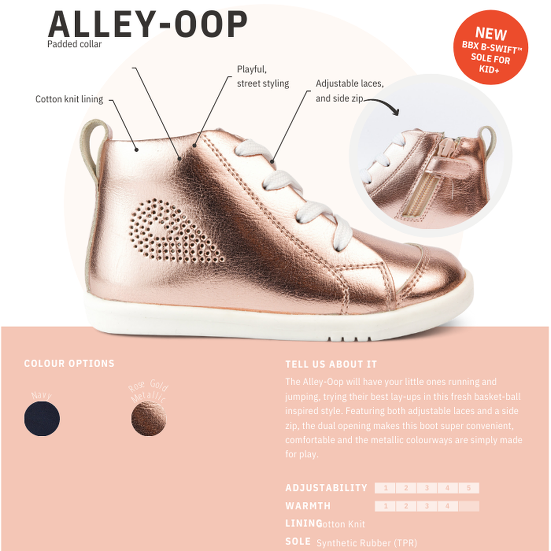 Shiny rose gold IWalk IW Bobux Alley Oop Boot Leather for toddlers (637113) features white laces, side zipper, heart-shaped perforations, and padded collar. Adjustable and stylish—perfect for kids! Now on clearance., 9420071321681, 9420071321698, 94200713