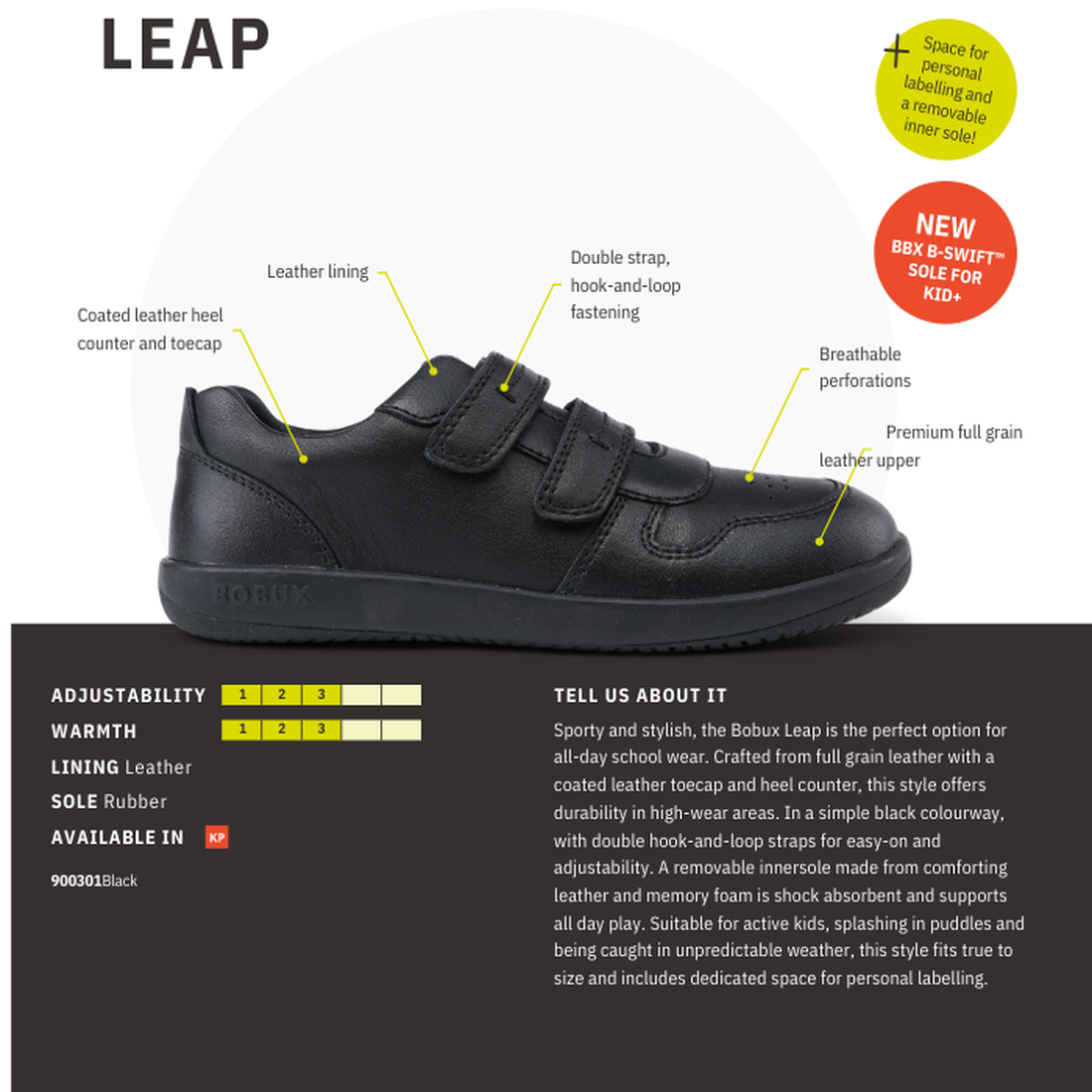 Bobux Kid+ Black School Leather Shoe LeapTrainer: kids’ black leather school shoe with easy hook-and-loop straps and sturdy rubber sole.  ksnz, 9420068510494, 9420068510500, 9420068510517, 9420068510524, 9420068510531, 9420068510548, 9420068510555