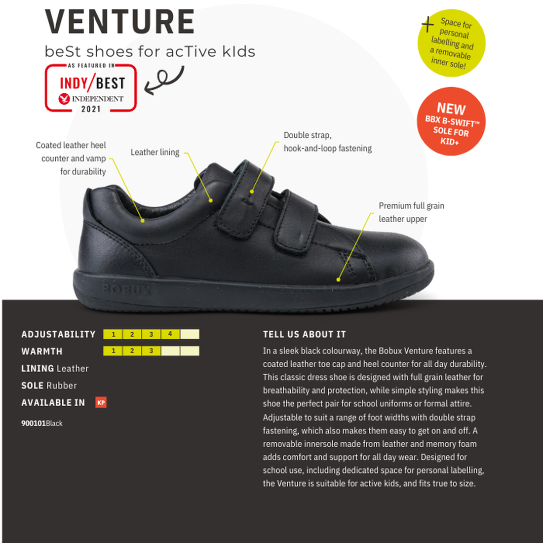 The Bobux Kid+ Black School Leather Shoe Venture Trainer is shown side-on, highlighting kids’ waterproof features, double strap closure, non-marking rubber sole, premium leather upper, name space, and visible branding., 9420068510289, 9420068510296, 94200