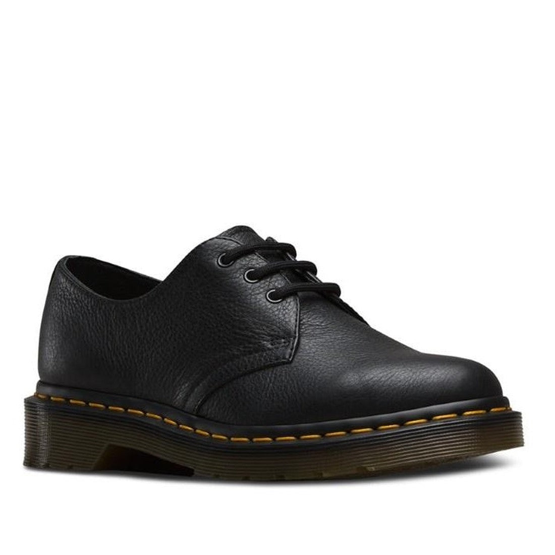 Dr Martens - 1461W Womens Virginia Leather Shoes in black, a sturdy lace-up with cushioned sole and bright yellow stitching.  ksnz