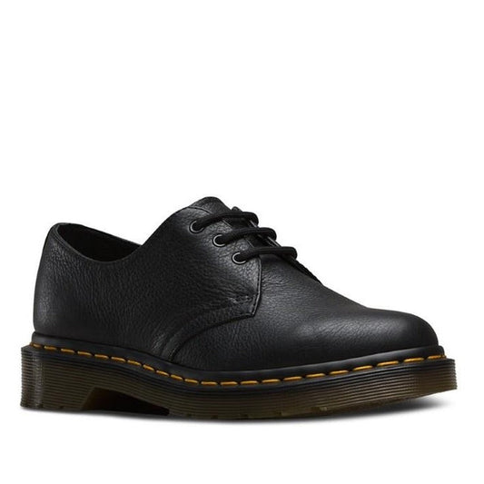 Dr Martens - 1461W Womens Virginia Leather Shoes in black, a sturdy lace-up with cushioned sole and bright yellow stitching.  ksnz