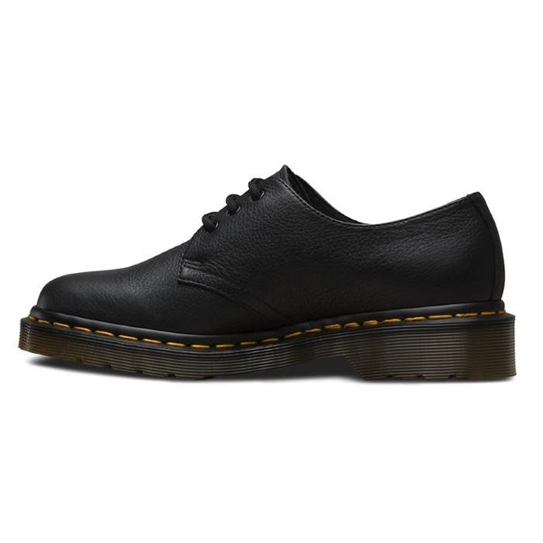 Dr Martens 1461W Women’s Shoe in black leather, low heel, sturdy sole, yellow stitch, lace-up with 3 eyelets. Side view on white.  ksnz, 190665151404, 190665151411, 190665151428, 190665151435, 190665151442, 190665151459, 190665151466