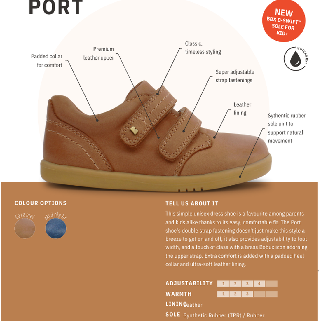 The Bobux Kid+ Port Shoe Midnight Blue 833007 is a unisex kids' dress shoe with a leather upper, two adjustable velcro straps, padded collar, and flat rubber sole. Displayed in profile, it shows product details and color options alongside., 9420068525634,