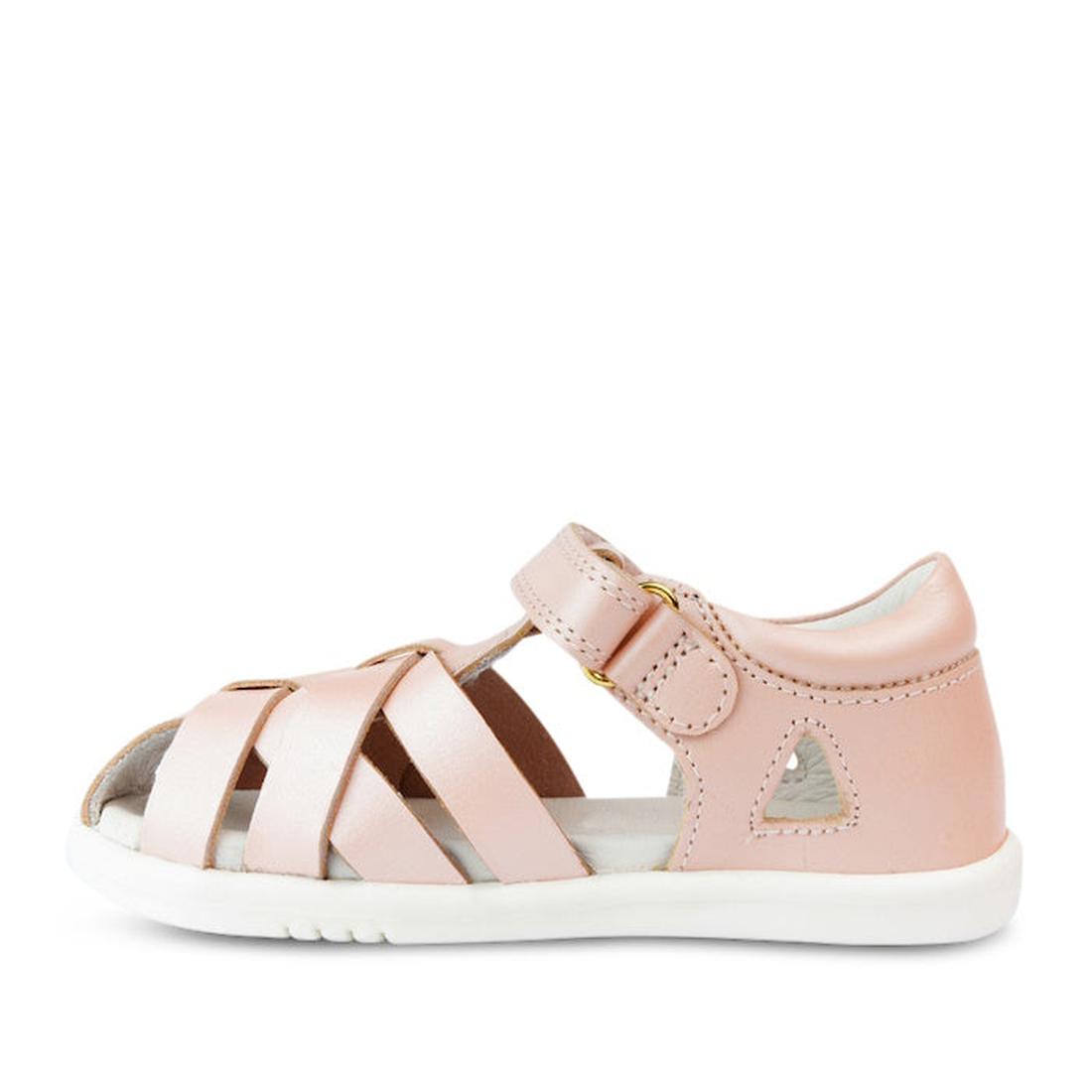 The Bobux Iwalk IW Tropicana II Sandal 638305 in Seashell Pink is a kids' sandal with closed heel, open toe, white sole, quick-dry leather, crisscross straps, side cutout, and adjustable hook-and-loop ankle strap—ideal for summer., 9420068504356, 94200685