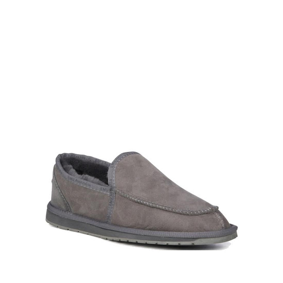 EMU NZ Hume Slipper Slip On Sheepskin Charcoal Grey Mens—cozy gray slip ons, plush lining, safe rubber sole, simple stitch detail.  ksnz