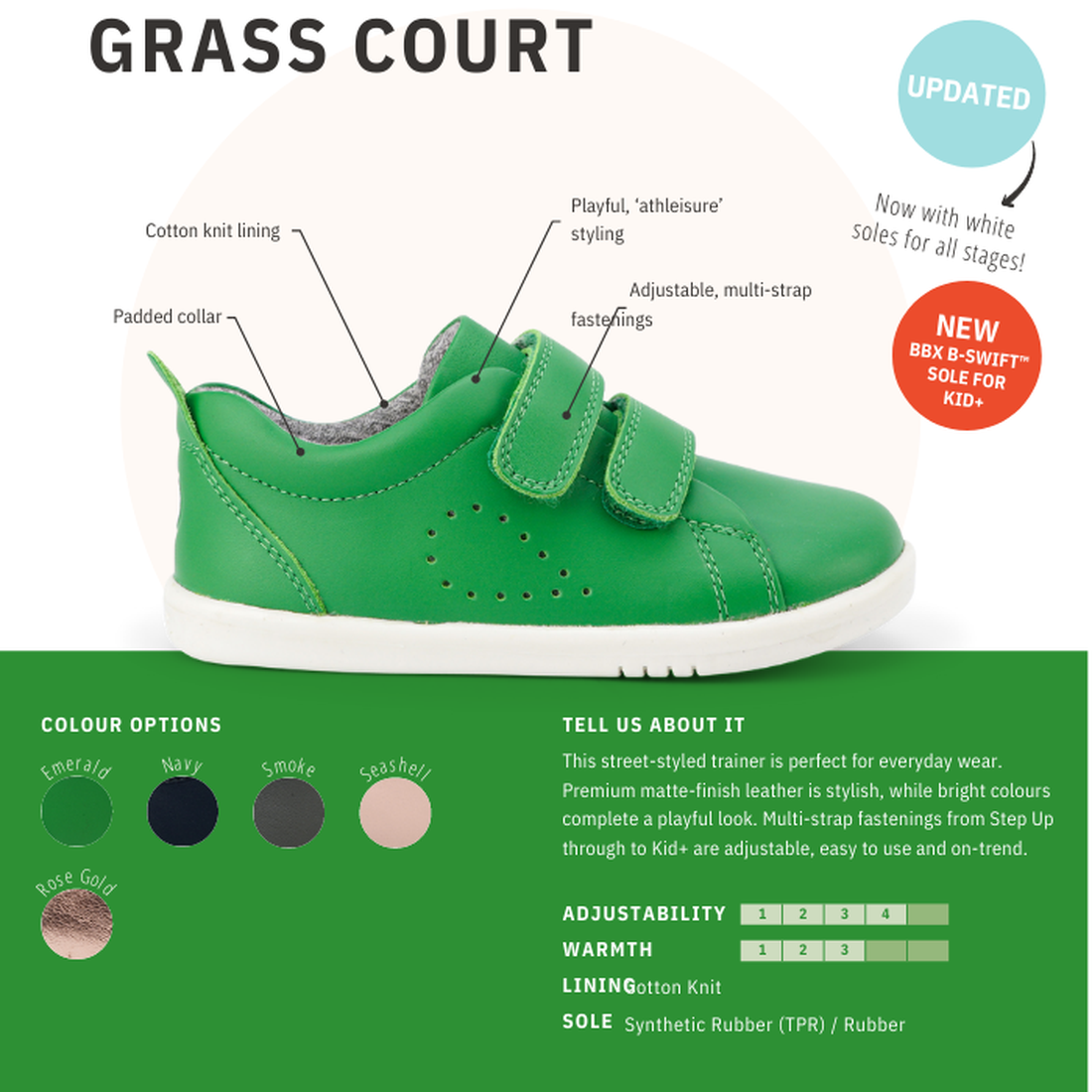 The Bobux Step Up SU Grass Court Trainer 728909J in Seashell Pink is a first-walker sneaker for kids, featuring adjustable multi-strap fastenings and a cotton knit lining. Color options and details are shown on the left side., 9420075792913, 9420075792333