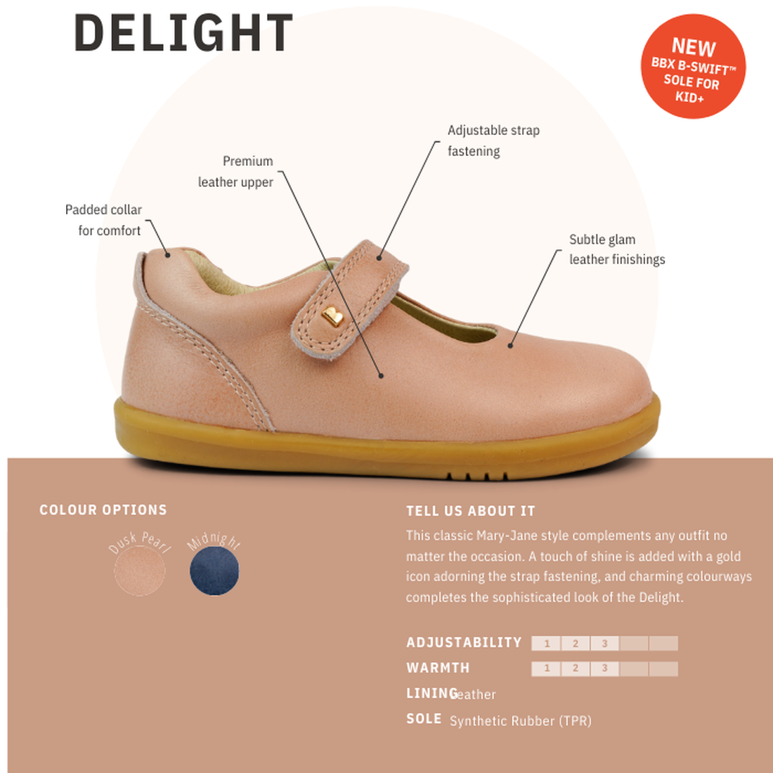 The Bobux Iwalk IW Delight Mary Jane Pink Dusk Pearl features an adjustable strap, padded collar, premium leather upper, and gold buckle. Also available in tan and navy. Text highlights quality materials and standout features., 9420062084557, 942006208456