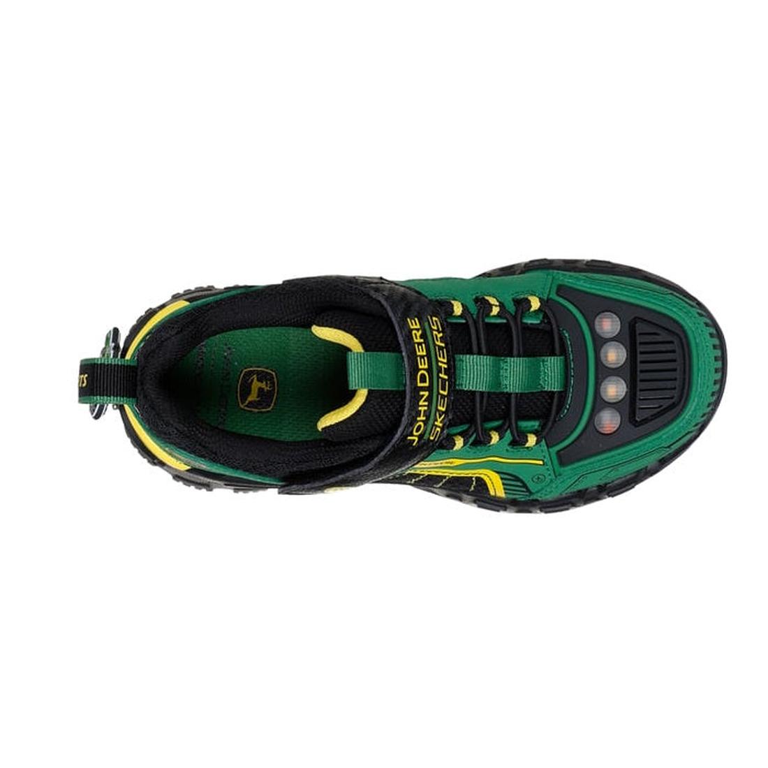 Top view of Skechers Boys Youths John Deere Sneakers Rugged Brights Light Ups Green, featuring green, yellow, and black design, lighted toe, cushioned comfort insole with John Deere logo, and Skechers branding., 197976548367, 197976548381, 197976548404, 1