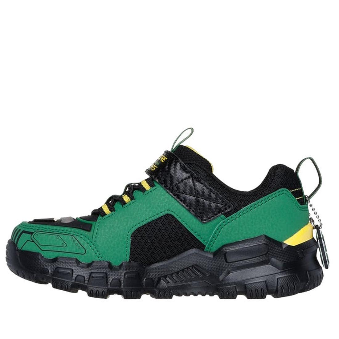 The Skechers Boys Youths John Deere Sneakers Rugged Brights Light Ups Green are green and black athletic sneakers with a chunky sole, black mesh and leather details, yellow accents, cushioned insole, and a heel pull tab, shown from the side on a white bac