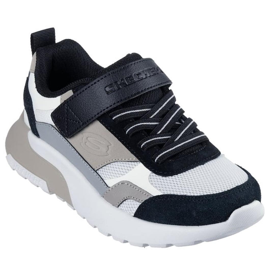 The Skechers Boys Youths SKX-225 Natural Black Sneaker features a mesh and suede upper, elastic laces, Velcro strap, thick white sole, and cushioned comfort insole for all-day support.