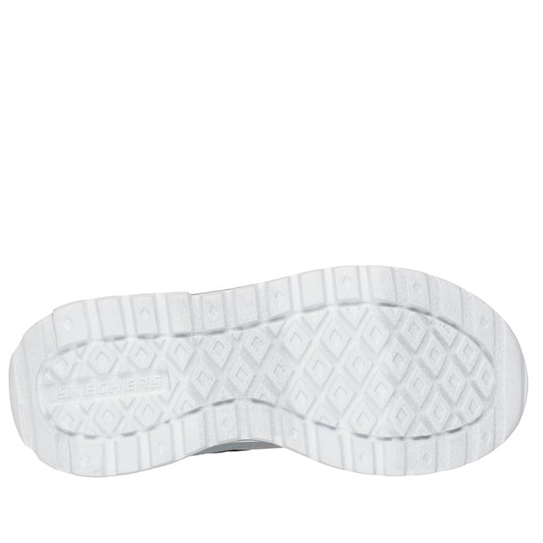 The image shows the bottom view of a white sole with a diamond-patterned tread and SKECHERS embossed on the side, highlighting the Skechers Boys Youths SKX-225 Natural Black Sneaker featuring a cushioned comfort insole., 198376840600, 198376840624, 198376