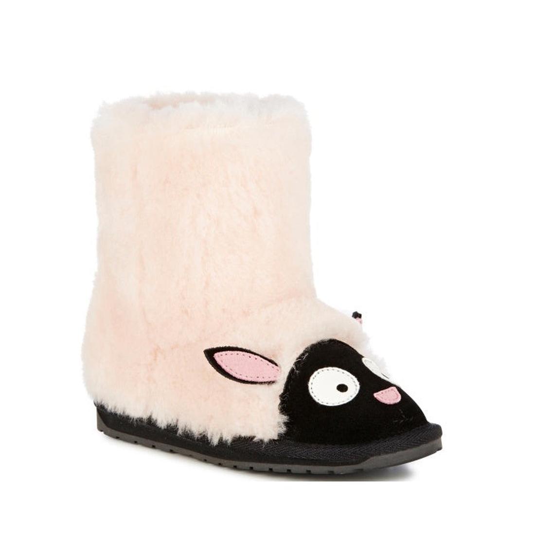 EMU Kids Creatures Cream Lamb Wool Boots have cream suede, plush Merino wool lining, cute lamb details, textured sole, pull-on style.  ksnz