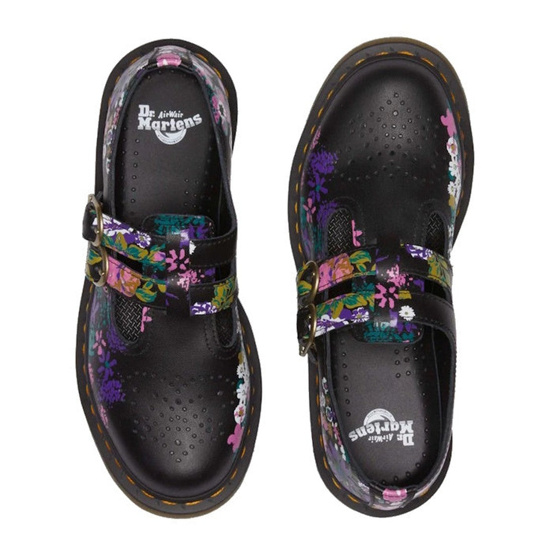 A pair of Dr Martens 8065 2 Strap Mary Jane Shoes Vintage Floral Black with perforated toes, purple, green, and pink floral prints, and yellow stitching around the soles, shown from above., 190665573091, 190665573107, 190665573114, 190665573138, 190665573