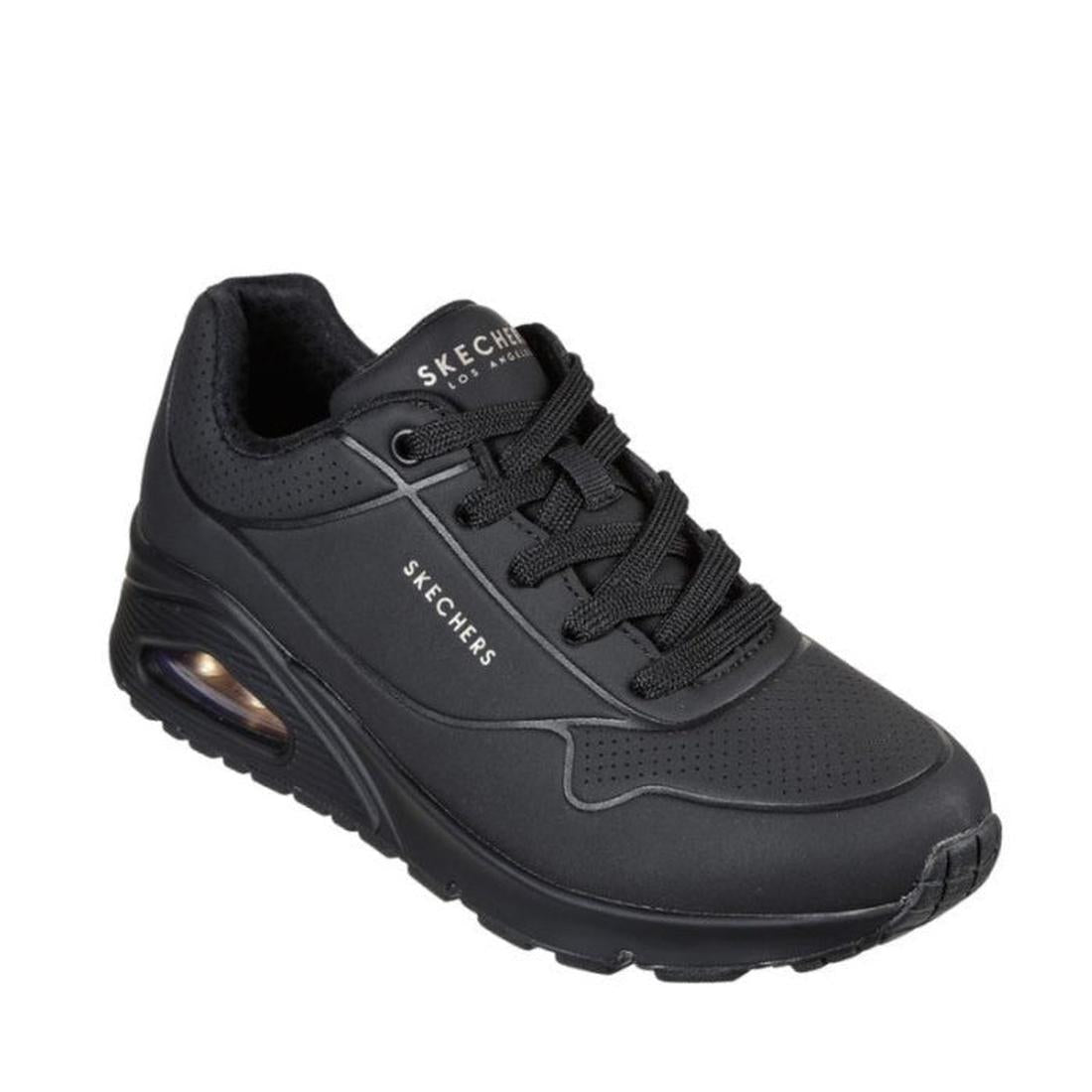 Skechers Uno Stand On Air Women's Trainer in black offers air-cushioned support, comfy memory foam, durable mesh upper, and lace-up fit.  ksnz