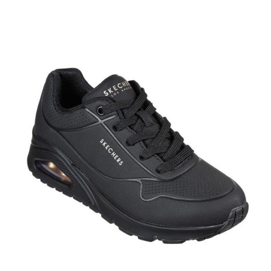 Skechers Uno Stand On Air WIDE Width Womens Trainer—black lace-up sneaker with comfy air-heel, soft sole, and breathable toe.  ksnz
