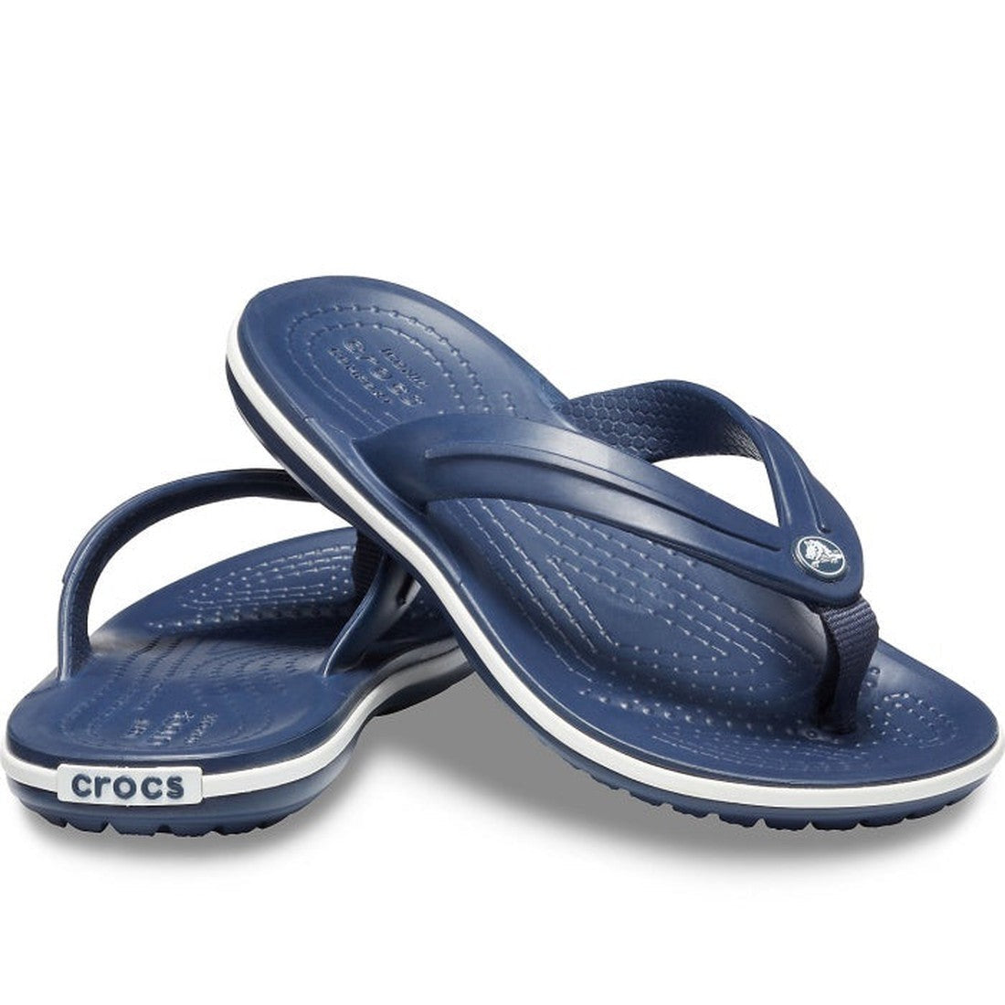 Crocs Kids Crocband Flip Flop in Navy, comfy sandals with easy slip-on style, textured footbeds, and sporty white-striped soles.  ksnz
