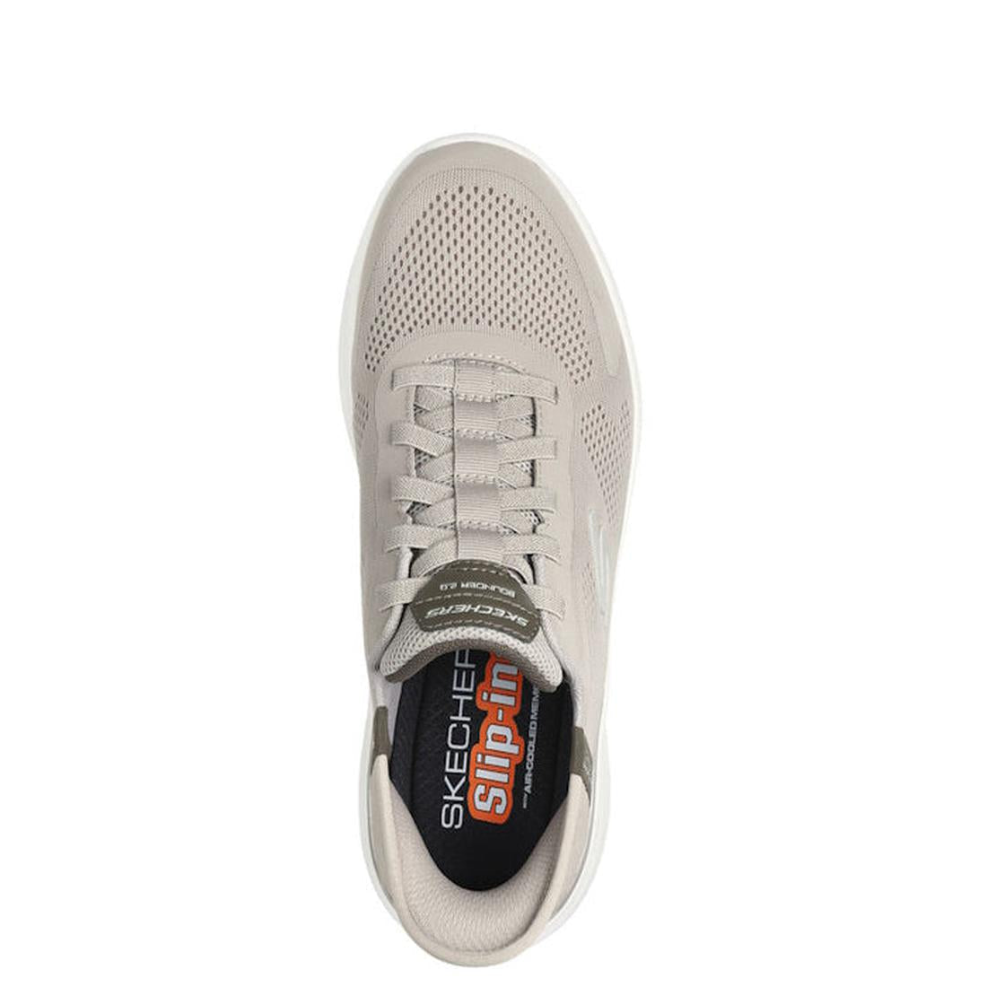 Top view of a taupe Skechers Mens Slip Ins Bounder 2.0 Emerged athletic shoe with mesh details, light laces, and Slip-ins branding on the black memory foam insole., 42449, 42450, 196989485171, 42452, 196989485195, 42454, 196989485218