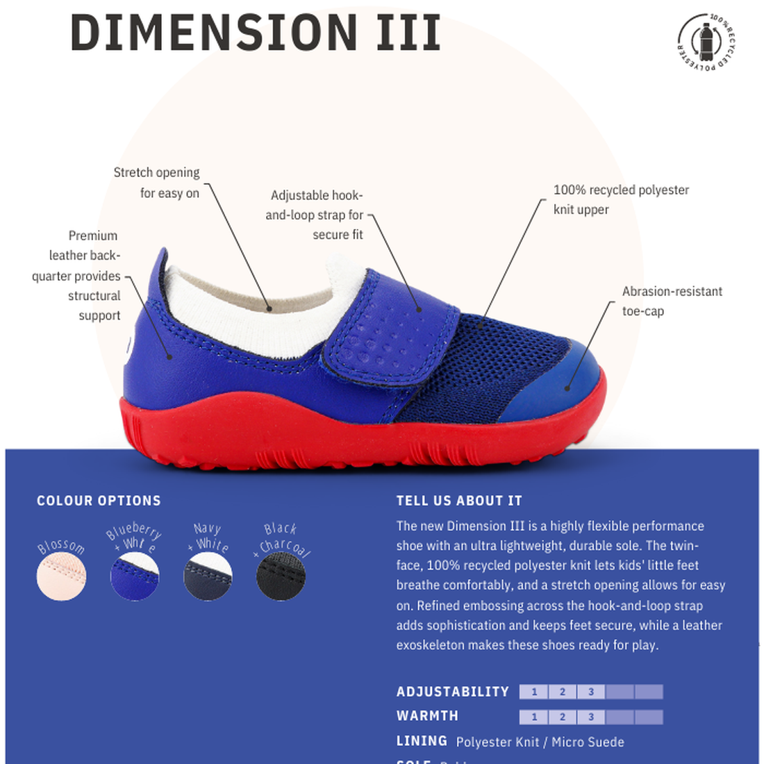 The Bobux Kid+ Lo Dimension III Blueberry 838605 CLEARANCE is a flexible kids' performance shoe with a blue knit upper, red sole, stretch opening, hook-and-loop strap, and abrasion-resistant toe cap. Color options are shown below., 9420068533134, 94200685