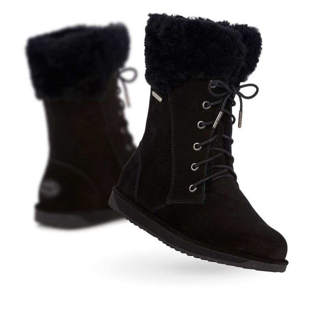 EMU NZ Women's Shoreline Sheepskin Waterproof Boots in black, cozy faux fur cuffs, lace-up closure, flat rubber soles—perfect for moms.  ksnz