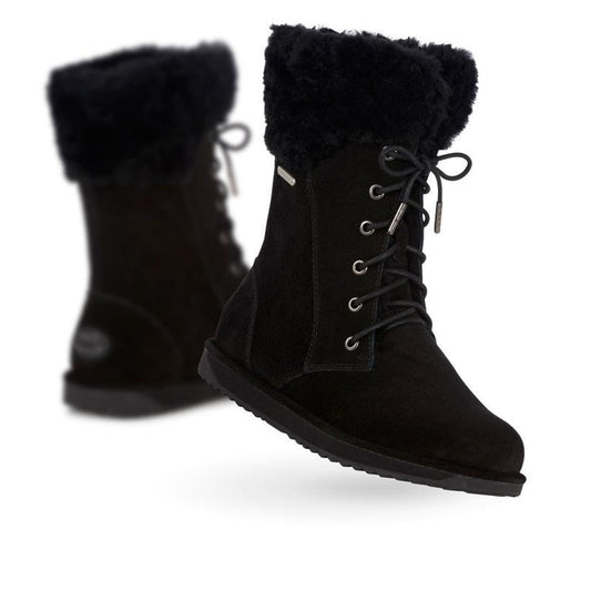 EMU NZ Women's Shoreline Sheepskin Waterproof Boots in black, cozy faux fur cuffs, lace-up closure, flat rubber soles—perfect for moms.  ksnz