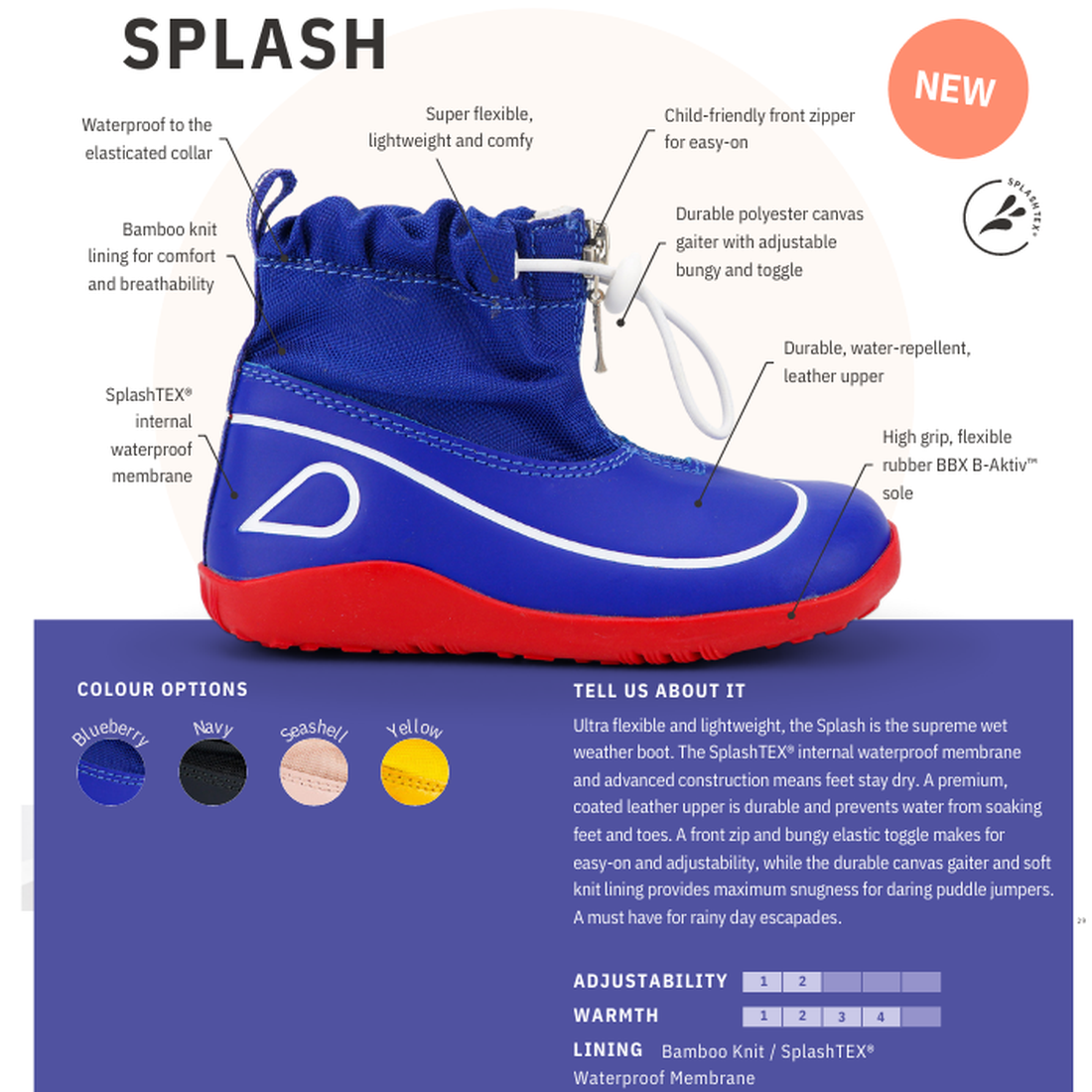 The Bobux Kid+ Splash Boot Waterproof Navy 839004 is a kids’ boot in navy and red, featuring a flexible sole, bamboo knit lining, elastic collar, and easy-on tab. Shown in three color options with product details and specs listed beside the boot., 9420068