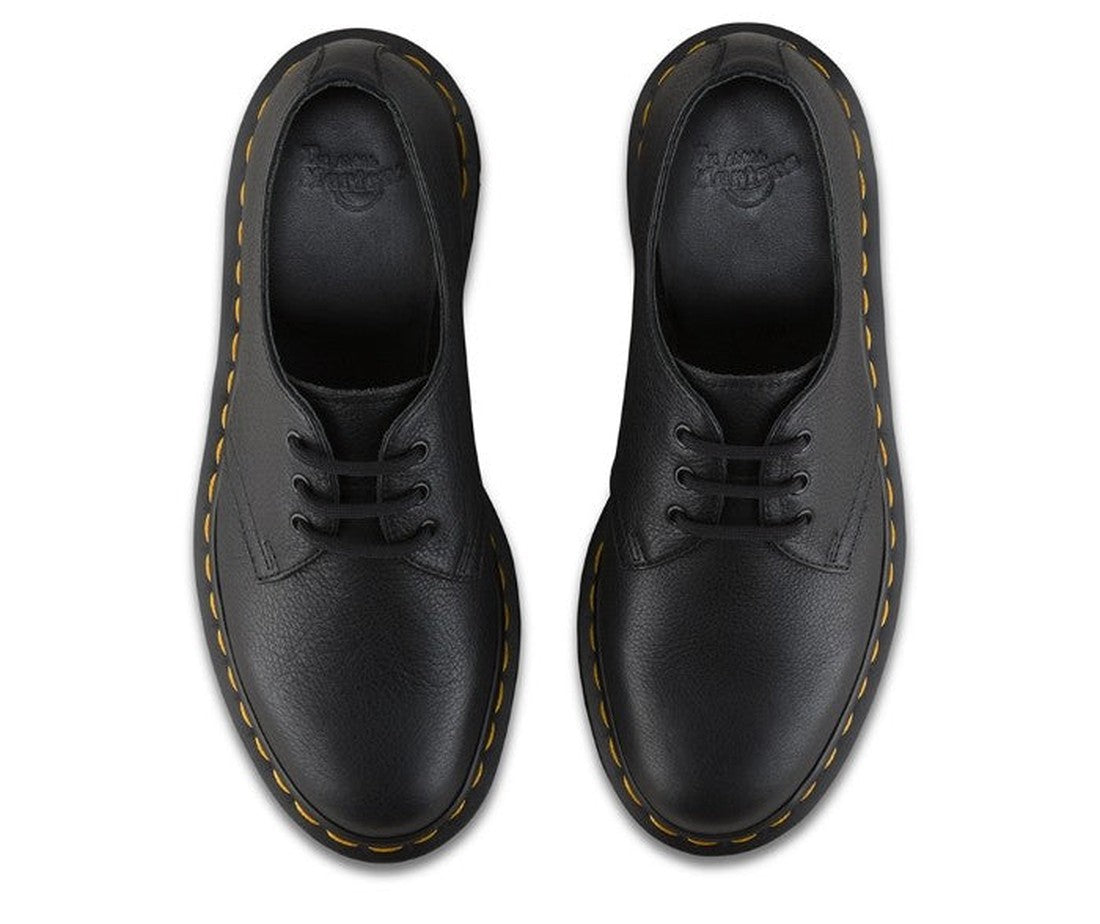 Dr Martens 1461W Womens Virginia Leather Shoes in black, with sturdy lace-up closure, comfy sole, and signature yellow stitching.  ksnz, 190665151404, 190665151411, 190665151428, 190665151435, 190665151442, 190665151459, 190665151466