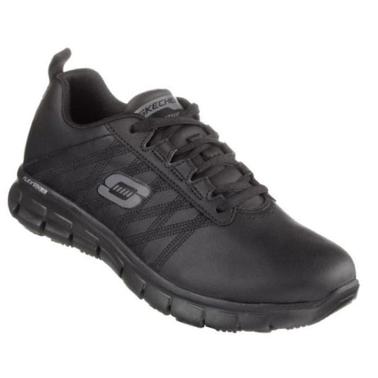 Skechers All Black Sure Track Erath WIDE Women's Lace Up 76576W Work Shoe with memory foam, thick sole, and comfy lace closure.  ksnz