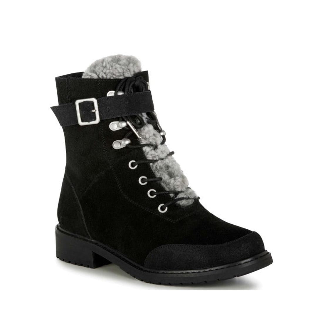 EMU NZ Emu Women's Waldron Mix Merino black waterproof boots with sturdy soles, cozy faux fur tongue, laces, and buckle strap.  ksnz