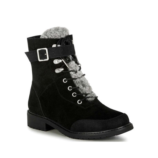 EMU NZ Emu Women's Waldron Mix Merino black waterproof boots with sturdy soles, cozy faux fur tongue, laces, and buckle strap.  ksnz
