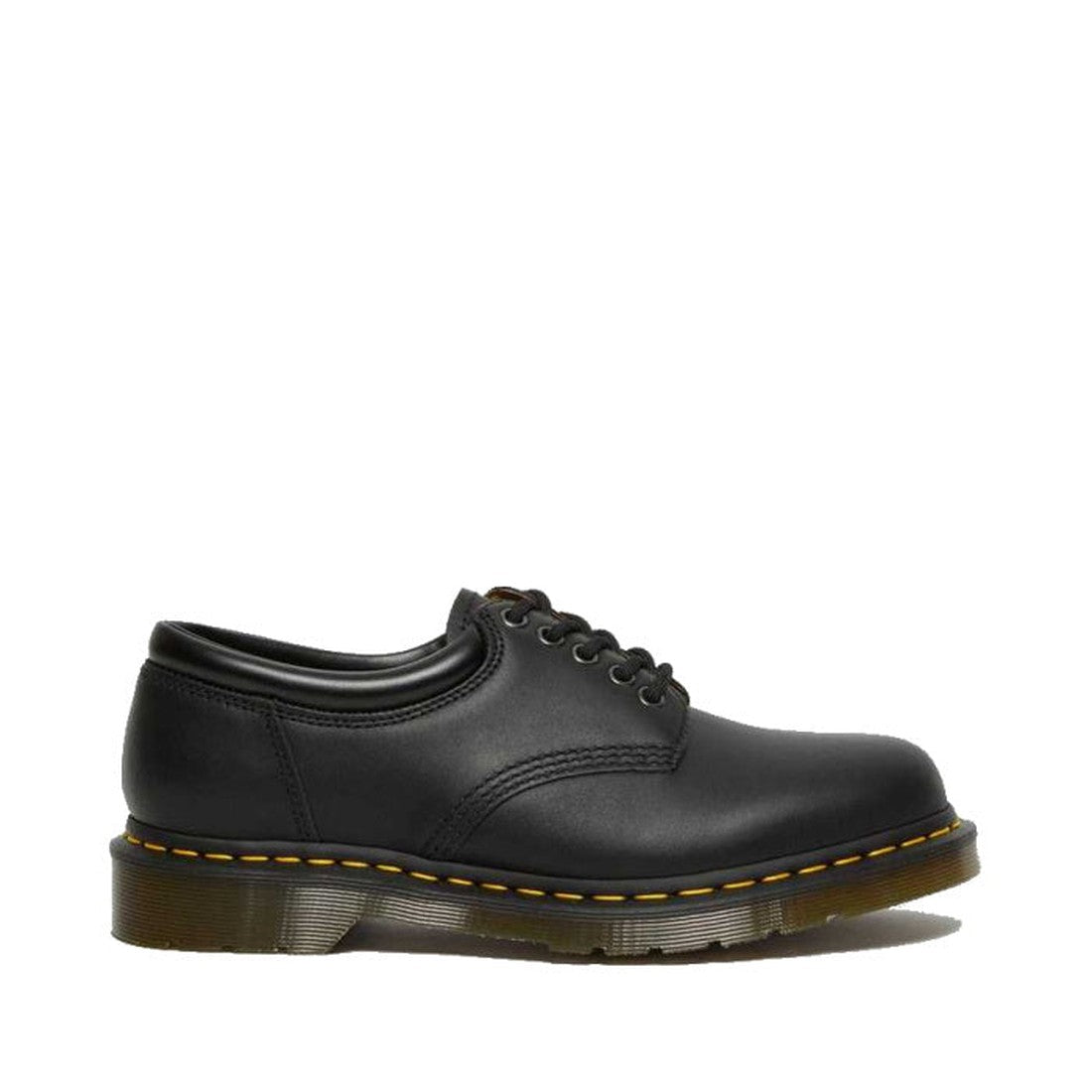 Dr Martens - 8053 Nappa Black Padded Collar Shoes: a unisex black Nappa leather shoe with yellow stitching on the Goodyear Welt and a translucent rubber sole. Shown side-on against a plain white background., 800090824704, 800090824728, 800090801255, 80009