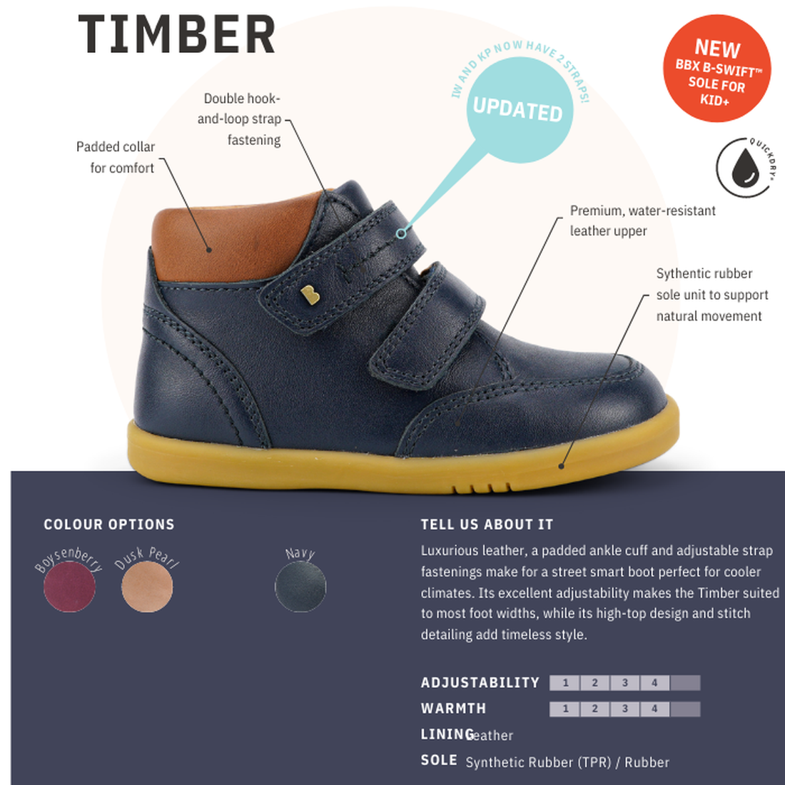 The Bobux Iwalk Timber Navy Leather Boot 632619 is a dark blue unisex kids’ boot with double adjustable straps, brown padded collar, yellow rubber sole, and premium full-grain leather. Side tabs display color options: burgundy, pink, and navy., 9420068529