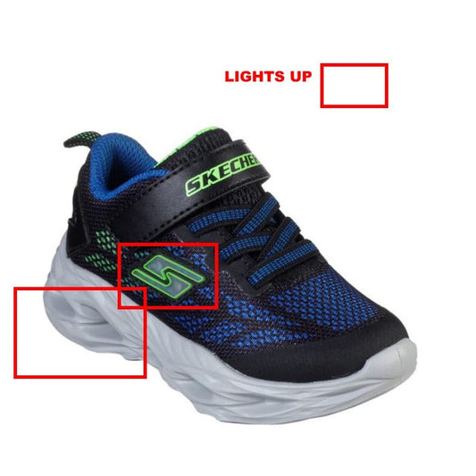 Skechers Toddlers Light Ups Vortex Flash Black: black and blue trainer with green, comfy Velcro strap, bouncy sole, and bright lights.  ksnz