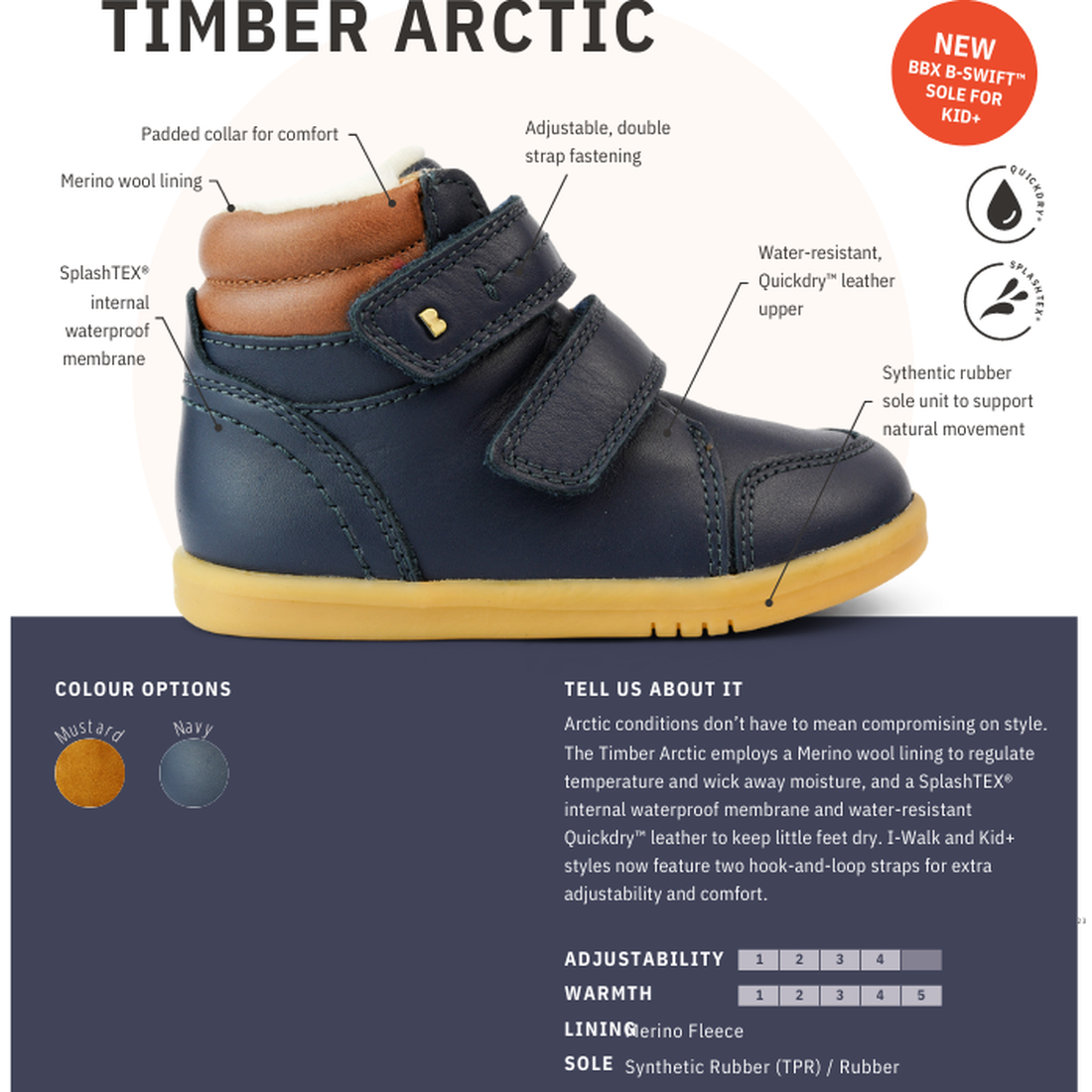 The Bobux Kid+ Timber Arctic Waterproof Boot Navy 836003E is a unisex kids leather boot with a tan collar, yellow sole, dual hook-and-loop straps, warm merino lining, waterproof membrane, and flexible rubber sole. Shown in mustard and navy., 9420068529489