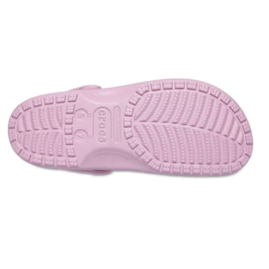 The image displays the sole of a Crocs - Classic Clog Hydrangea Pink Purple Adults, highlighting its textured tread pattern and central Crocs branding., 198445154508, 198445154515, 198445154522, 198445154539, 198445154546, 198445154553, 47545