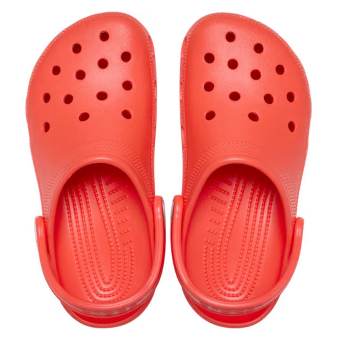 Top down view of adults star fish bright orange Crocs Classic clogs on a white background.,
198445192630,
198445192647,
198445192654,
198445192661,
198445192678,
198445192685,
198445192579,
198445192586,, 198445192630, 198445192647, 198445192654, 19844519
