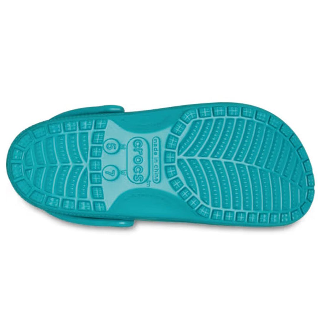 The image shows the sole of a Crocs Classic Clog Turbo Teal for adults, featuring multiple textured tread patterns and unisex sizes 6 and 7 marked in the center., 198445268182, 198445268199, 198445268205, 198445268212, 198445268229, 198445268236, 19844526