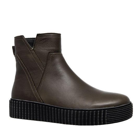 Alfie & Evie Desmond women's boot in khaki leather with V-cut side detail and black Elevate Platform Sole.