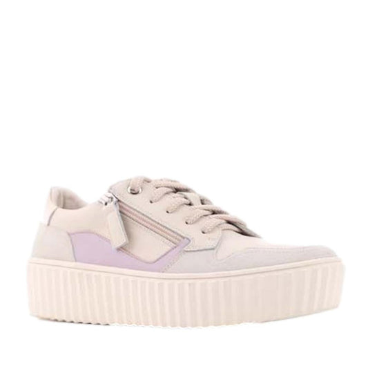 The Alfie & Evie Rambo Womens Leather Sneaker Platform Nude Combo features a cream leather upper with light purple accents, ribbed platform sole, memory foam insole, lace-up front, and side zipper, shown on a plain white background.